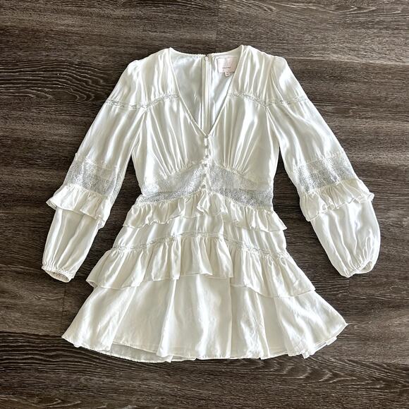 EUC Cinq à Sept Sanya Dress Ivory 100% Silk Tiered Mini Dress Size 6 Ruffle Lace - Picture 4 of 16